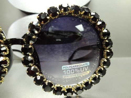 CLASSIC VINTAGE RETRO Style SUN GLASSES Round Black Frame Huge Bling Crystals - Picture 5 of 9