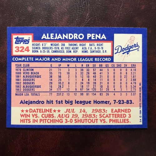 1984 Topps TIFFANY Set ALEJANDRO PENA ROOKIE #324 DODGERS - NM/MINT+ *HIGH GRADE - Picture 2 of 2