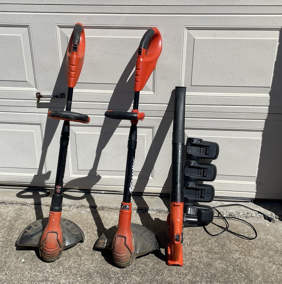 2 Black & Decker 18V GrassHog Trimmers, 18V Leaf Blower, Charger