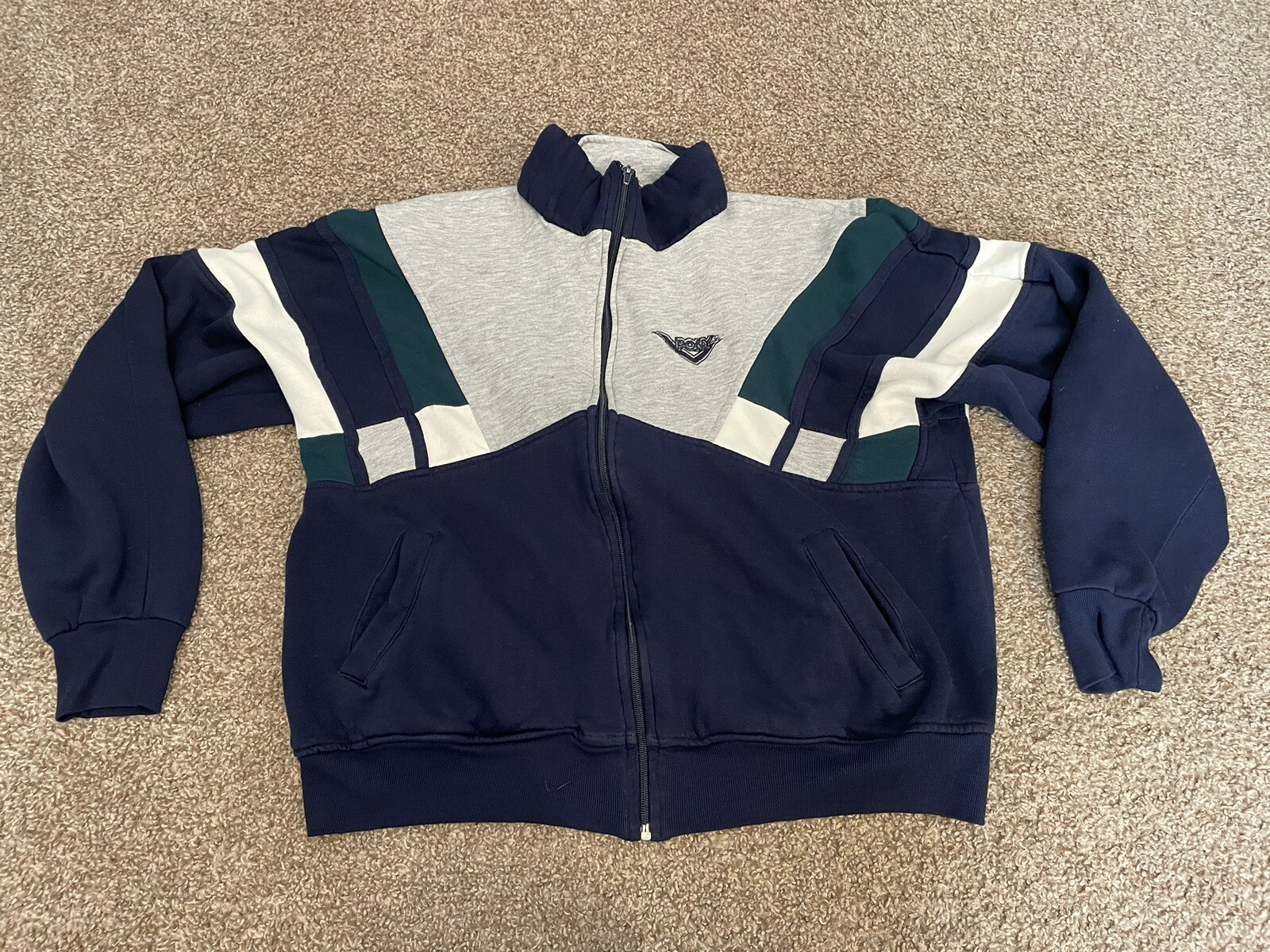 Tuta jogging vintage Pony pista giacca zip intera logo ricamato grigio erica blu