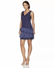 NWT Eliza J Womens V-Neck Pleated Hem Ruffled Dress Sleeveless Navy $148 Size 12