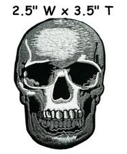 iron-on Embroidered Applique Patch SMALL Gray Black Human Skull Halloween Gothic