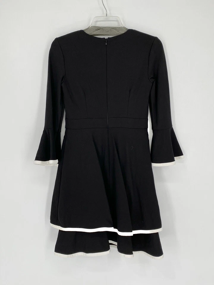 Eliza J Black 3/4 Bell Sleeve White Trim Tiered Fit & Flare Dress Women’s Sz 4 - Image 2 of 4