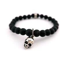 King Baby Studio Sterling Silver Skull 8mm Matte Black Onyx Beaded Bracelet USA