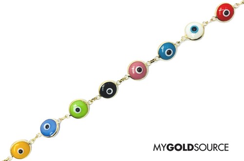 14k Gold Multi-Color Evil Eye Yellow Gold Bracelet 7.5 Inches - Picture 3 of 6