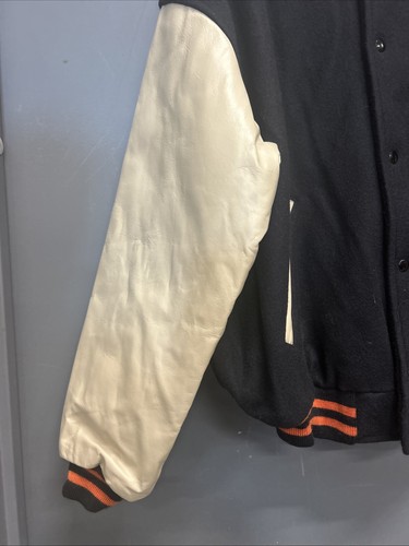 Vintage H&H Sportswear Bomber Letterman Jacket Black Orange Faux Leather Size L - Bild 3 von 4