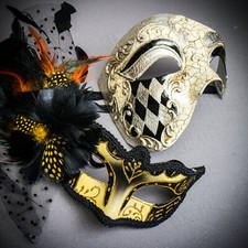 Venetian Silver Phantom Half Face  Glitter Black Feather Eye Couple Mask