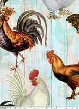 Chickens On Faded Fence Chickens, Roosters Fabric 1 yd BTY Cotton Fast Ship