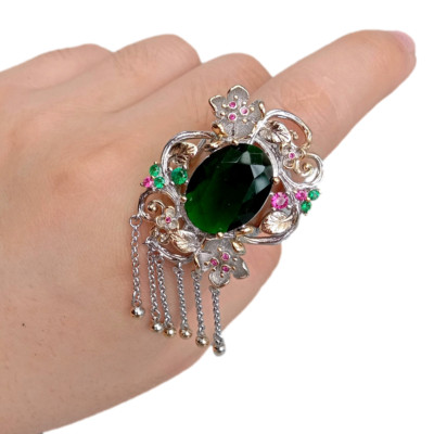 Green Oval Crystal Cz Pave Tassel Finger Rings Adjustable Classic Party Ring