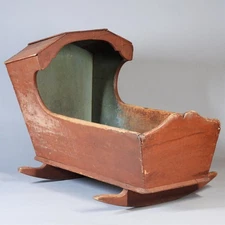 18thC. American Primitive Bonnet Top Red & Green Pine Childs Rocking Cradle