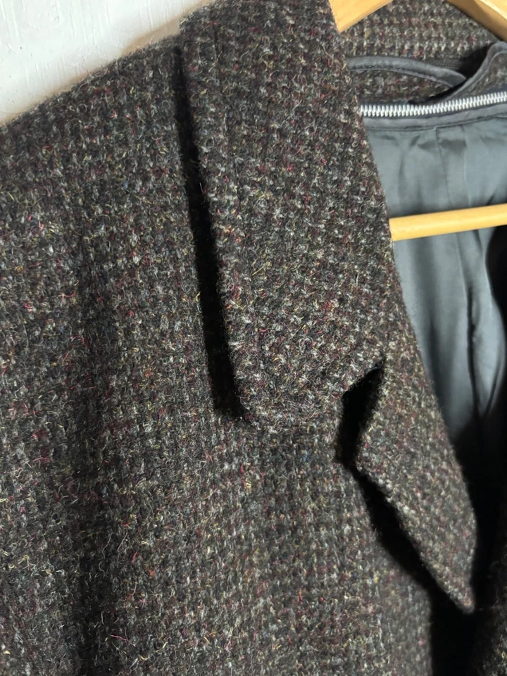 NICE!VTG HARRIS TWEED HANDWOVEN WOOL CHECK GREY BROWN MULTI OVERCOAT +LINER*44 L - Image 2 of 4