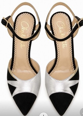 Title NEW Charlotte Olympia Black Suede Silver Leather Gold Heel Pumps Size 38.5
