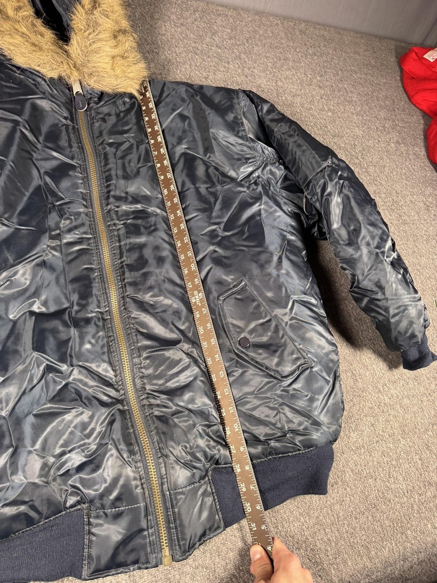 ジャケット・アウター Flea.com Riflessi Jacket Mens 2XL Blue Bomber Hooded Fur Trim Nylon Padded