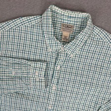 LL Bean Seersucker Shirt Men M Traditional Fit Teal White Gingham Organic Cotton