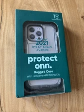 Protect Onn Black Rugged Case With Holster and Rotating Clip For iPhone 13. NEW!