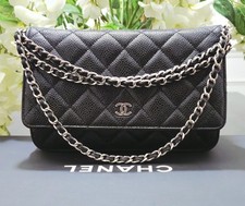 CHANEL Black Caviar Quilted Wallet on Chain WOC Crossbody Bag Silver Hardware