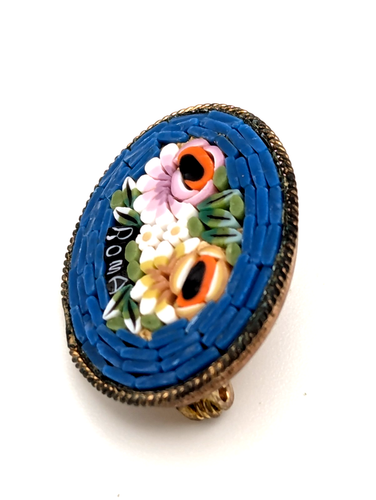 Vintage Italienische Mikro Mosaik Blumen Brosche Anstecknadel Oval Messing Ton Art Deco - Bild 6 von 11