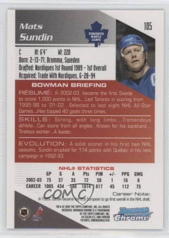 2003-04 Bowman Chrome Draft Picks & Prospects Mats Sundin #105 HOF - Image 2 of 2