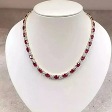 26 Ct Oval Cut Lab Created Red Ruby Women Tennis Necklace 14K Yellow Gold Plated