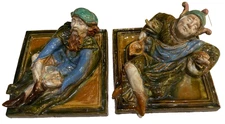 Pair Pre Raphaelite  19C Large  Majolica 3D Relief Architectural Wall Tiles