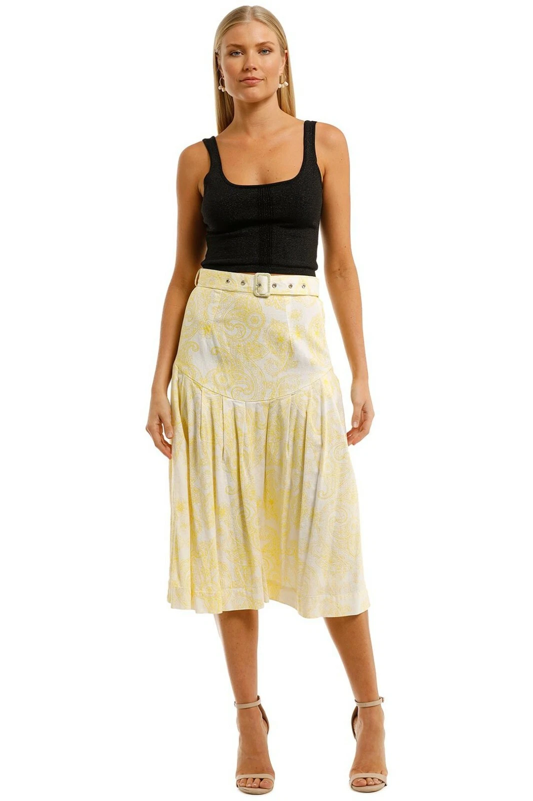 SWF Lemon Paisley Yellow Midi Skirt Size 10 AU Summer Casual Preloved