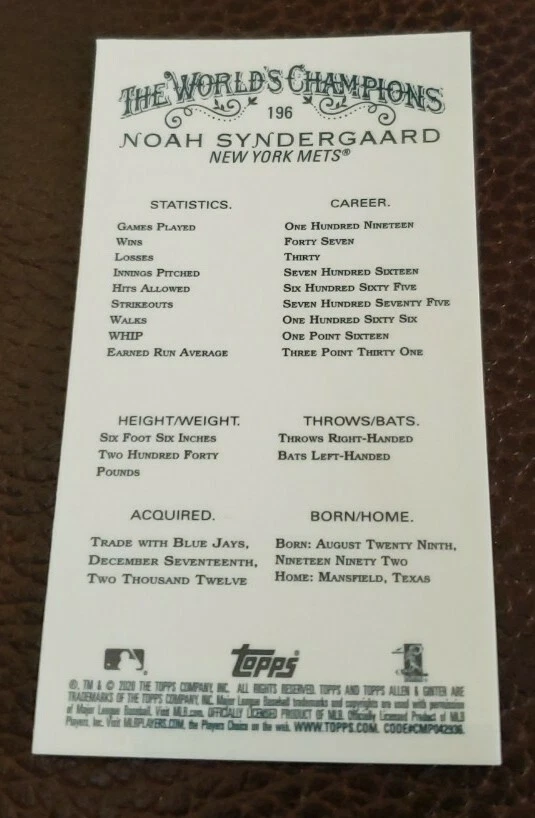 2020 Topps Chrome Allen Ginter #196 Noah Syndergaard Mini Card New York Mets  - Image 2 of 2