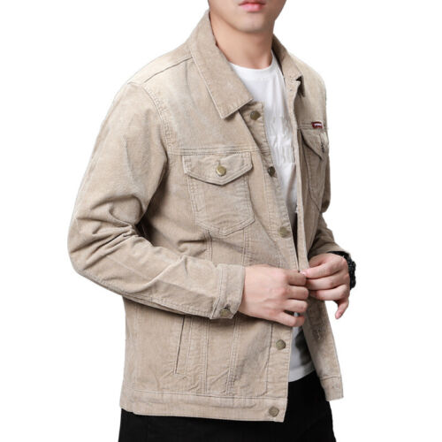 Herren Cordjacke Taschen Knopfleiste Retro Western Trucker Mantel Oberteil schmal - Bild 1 von 20