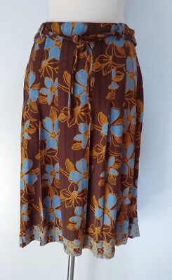 White Rice Brown Blue Floral Pleated Skirt With Braided Belt Medium 100% Rayon