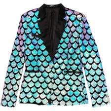 Men Glitter Shiny Scale Sequins Blazer Jacket Lapel Suit Fancy Dress Costume