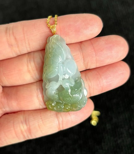 Yellow Plus Green Mandarin Ducks 鸳鸯 Jadeite Jade Pendant 18K Gold Buckle - Picture 2 of 10