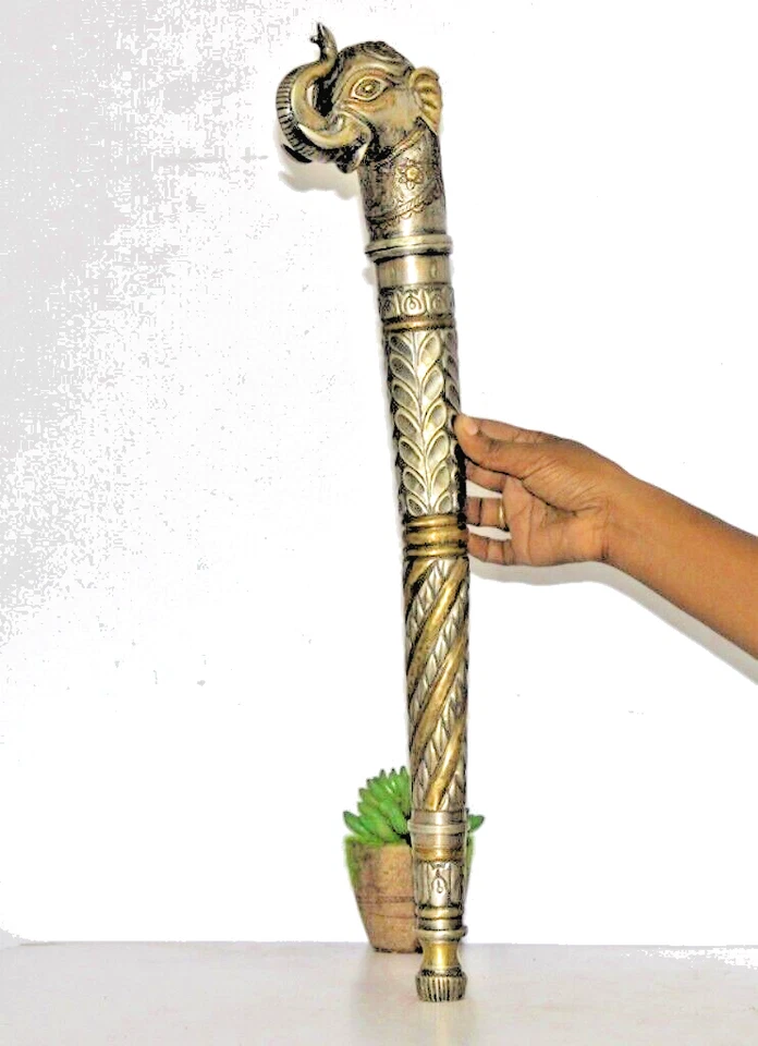 Antico Ottone Argento Goffrato Elefante Forma Bastone da Passeggio Originale - Immagine 2 di 4