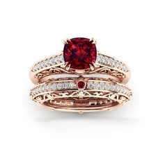 925 Sterling Silver 6x6 mm Cushion Cut Natural garnet Ring Set Cubic Zirconia