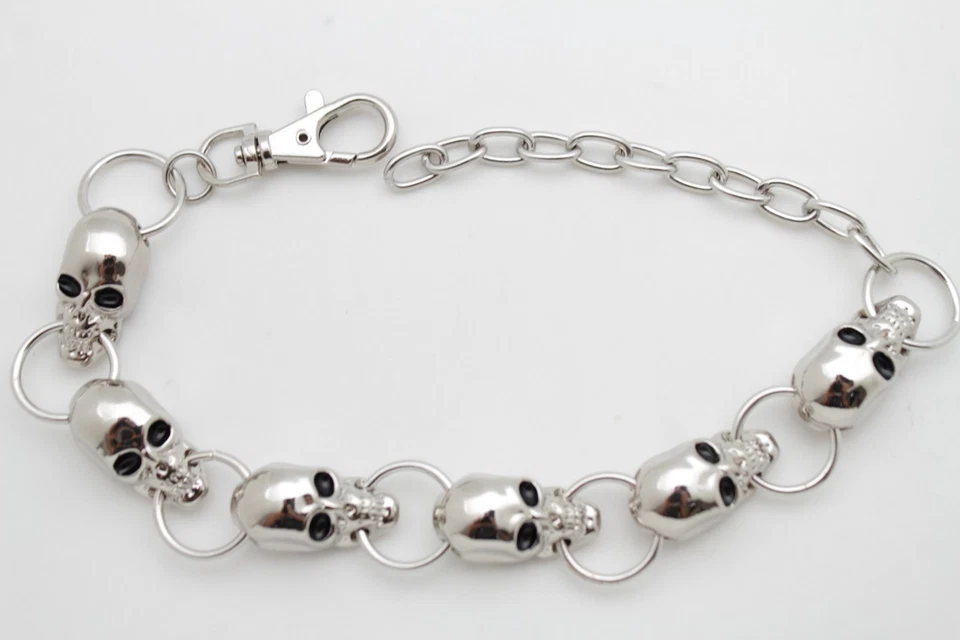 Pulseira feminina prata metal corrente bota sapato gótico motociclista crânio amuleto esqueleto - Imagem 2 de 4