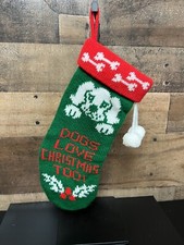Christmas Stocking Dogs Love Christmas Too Knit Red Green White Holly Bones