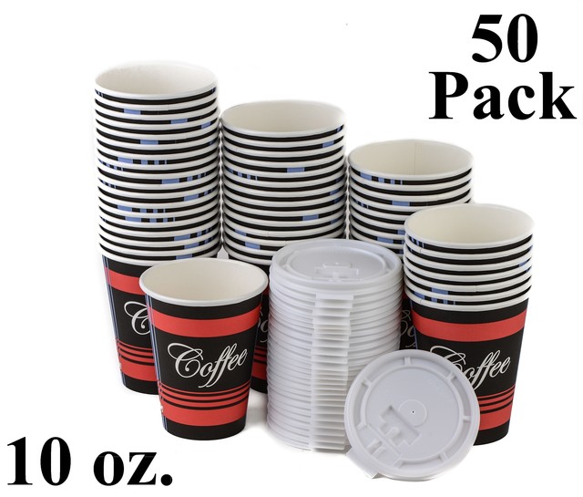 50 Pack 10 Oz. Disposable Poly Paper Hot Tea Coffee Cups with Flat