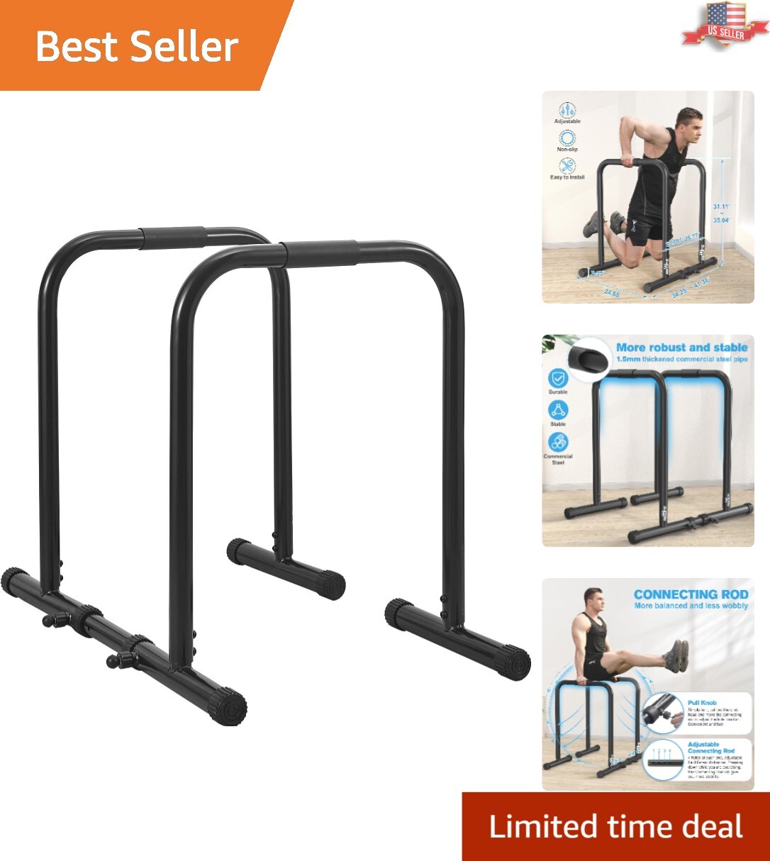 Adjustable Dip Bar Station - Supports up to 300lbs, Perfect for