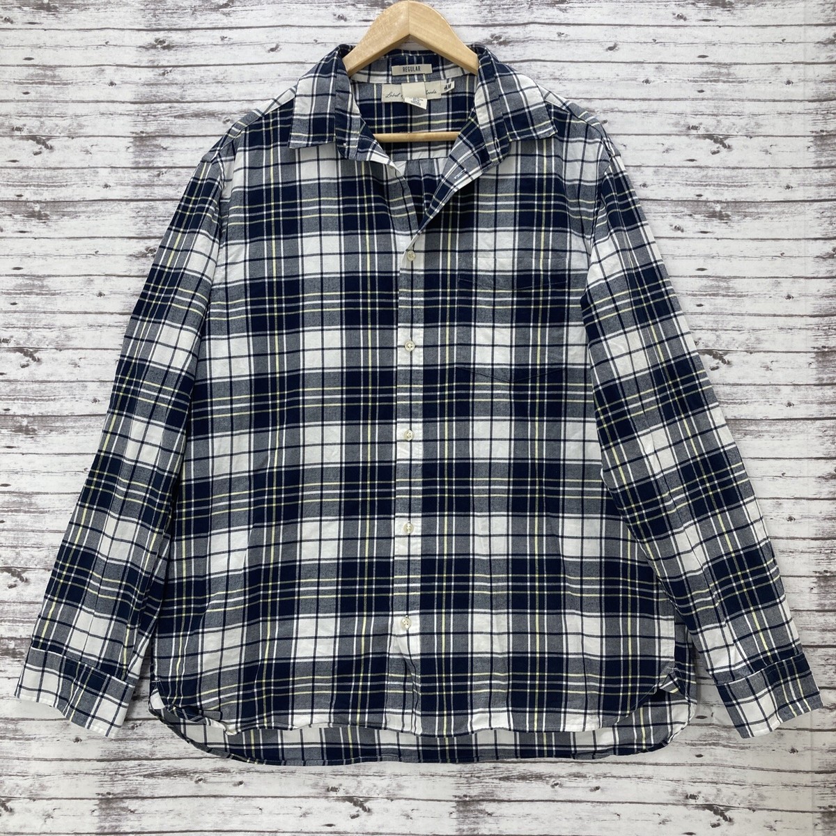 H&M Shirt Men's XL Blue White Plaid Long Sleeve Button Up