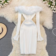 Ladies Off-shoulder Dress Faux Fur Edging Knit Midi Bodycon Night Club Sexy