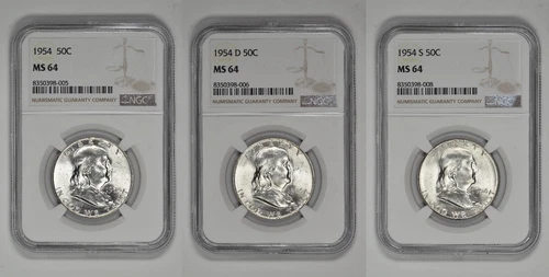 1954 P D S 50C Silver Franklin Half Dollar NGC MS 64 Three Coin Lot
