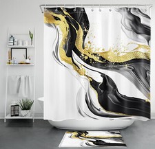 Gold Abstract Striped Black and White Shower Curtain Set for Bathroom Decor