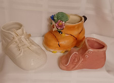 3 Vintage Baby shoe ceramic planters Marked Occupied Japan White Pink 1950s