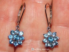 14K  WHITE GOLD BLUE TOPAZ 1.2 INCH LEVERBCK DROP DANGLE CLUSTER EARRINGS