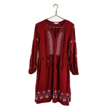 Knox Rose Womens Small Red Boho Embroidered Peasant Dress With Pockets