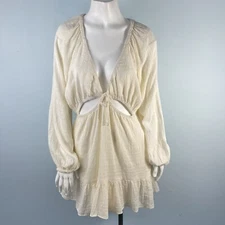NWT L*Space Plunge V-Neck Cutout Tiered Mini Dress Ivory Sz Large Long Sleeves