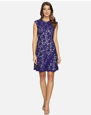 Vince Camuto Timeless Pleated Royal Blue Lace Sheath Cap Sleeve Cocktail Dress S