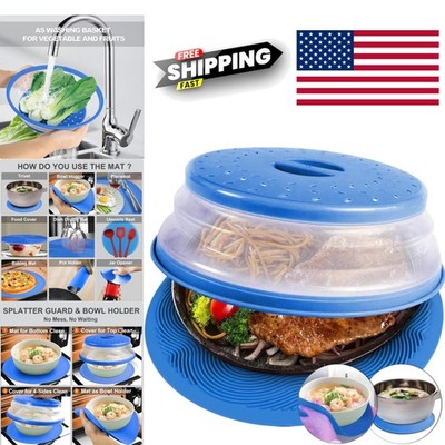 Blue Microwave Splatter Guard with Multi Function Silicone Mat 10.5 Inch