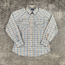 VTG Levis Western Shirt Mens Large Brown Blue Plaid Pearl Snap Sawtooth Pockets