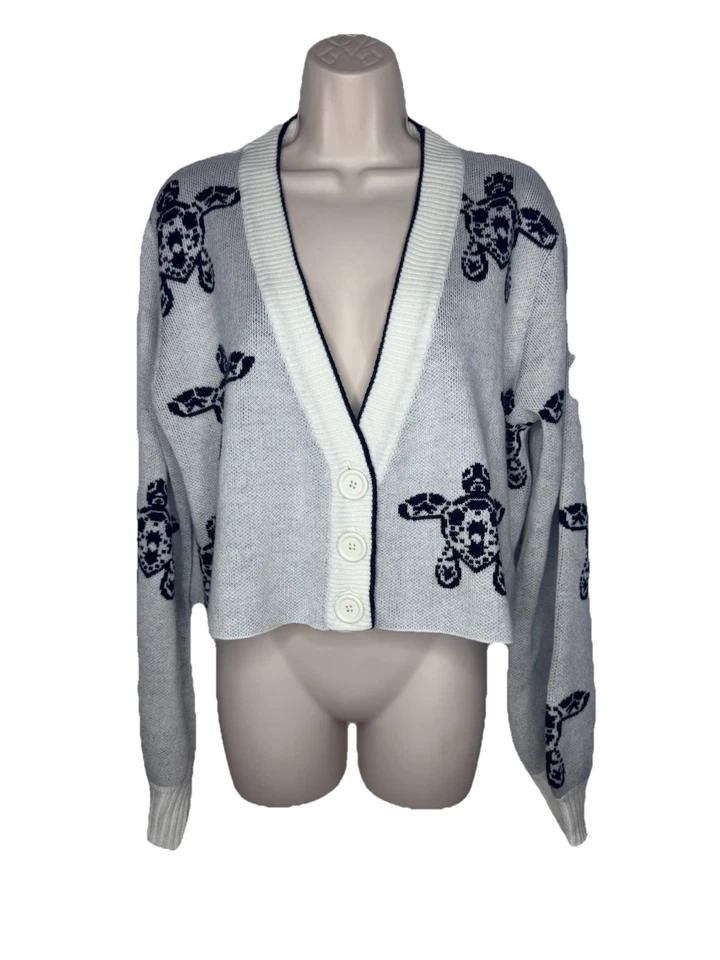 Suéter Cárdigan Recortado Simply Southern Ivory Estampado Tortuga Mar Negra Talla M