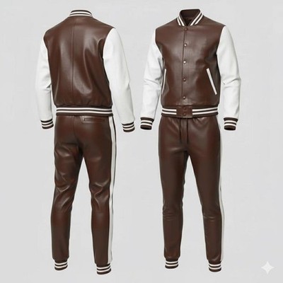 New Brown and White Leather Varsity Tracksuit | Personalized Letterman Jacket &