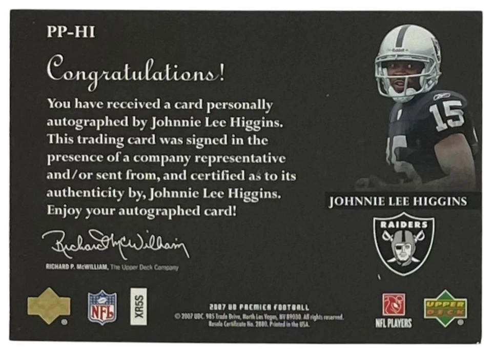 2007 UD Premier Penmanship Auto Gold Holofoil #PP-HI Johnnie Lee Higgins /50 - Image 2 of 2